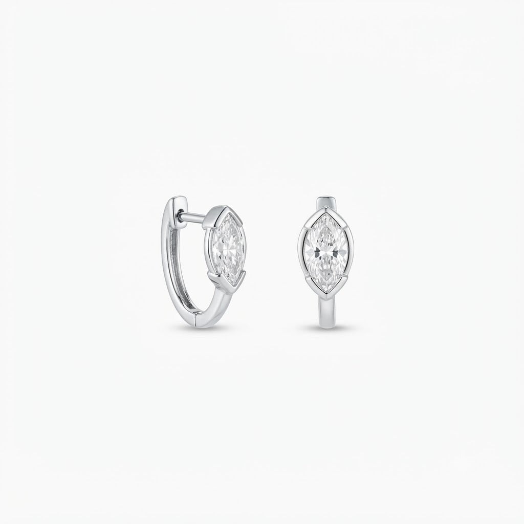 Lab Grown Diamond Marquise Cut Bezel Set Huggie Hoop Earrings in Sterling Silver | 1.47 CT