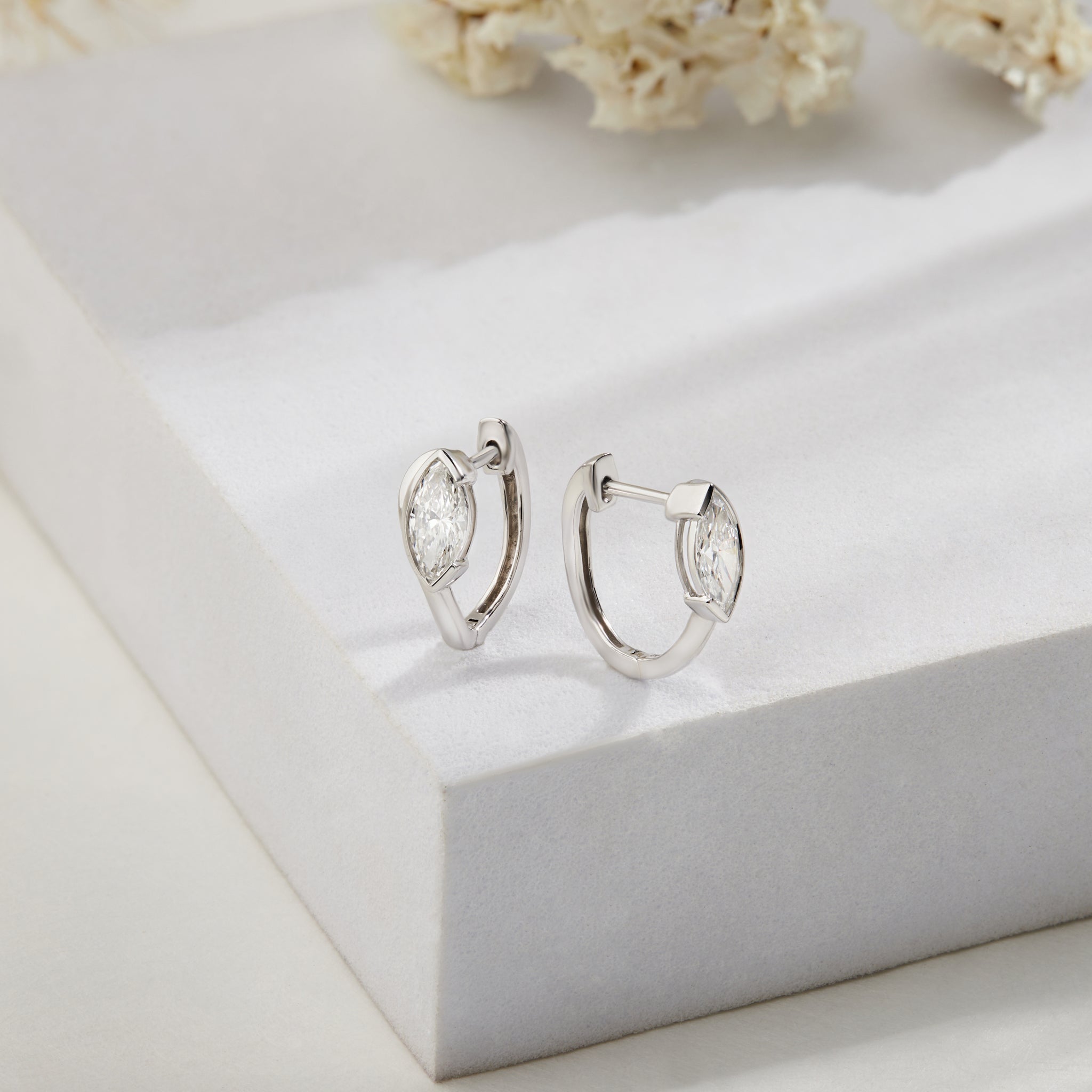 Lab Grown Diamond Marquise Cut Bezel Set Huggie Hoop Earrings in Sterling Silver | 1.47 CT