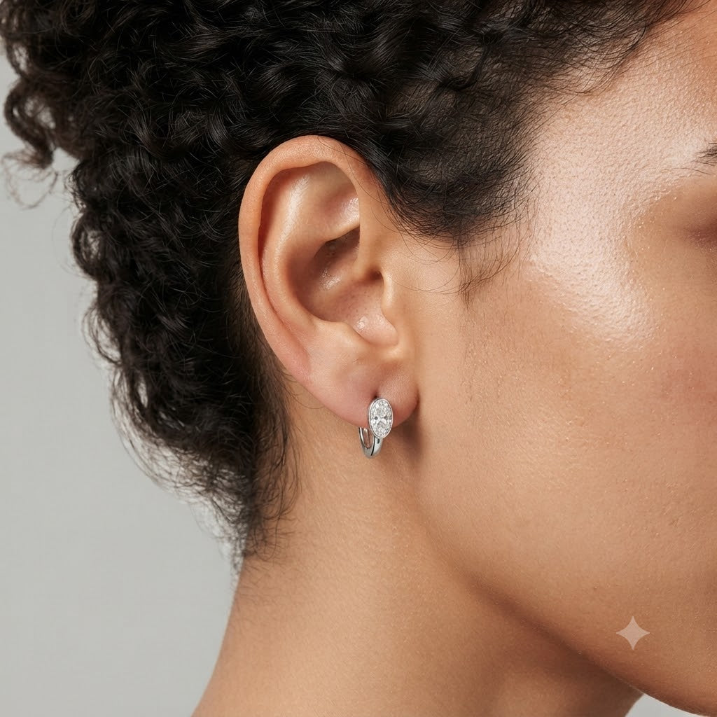 Lab Grown Diamond Oval Cut Bezel Set Huggie Hoop Earrings in Sterling Silver | 0.97 CT