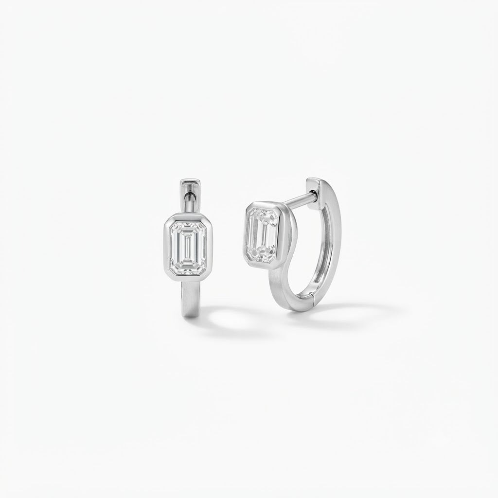 Lab Grown Diamond Emerald Cut Bezel Set Huggie Hoop Earrings in Sterling Silver | 1.00 CT