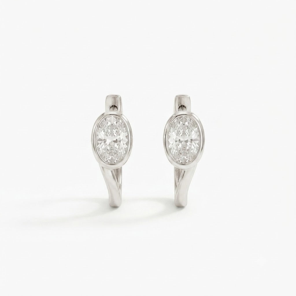 Lab Grown Diamond Oval Cut Bezel Set Huggie Hoop Earrings in Sterling Silver | 0.97 CT