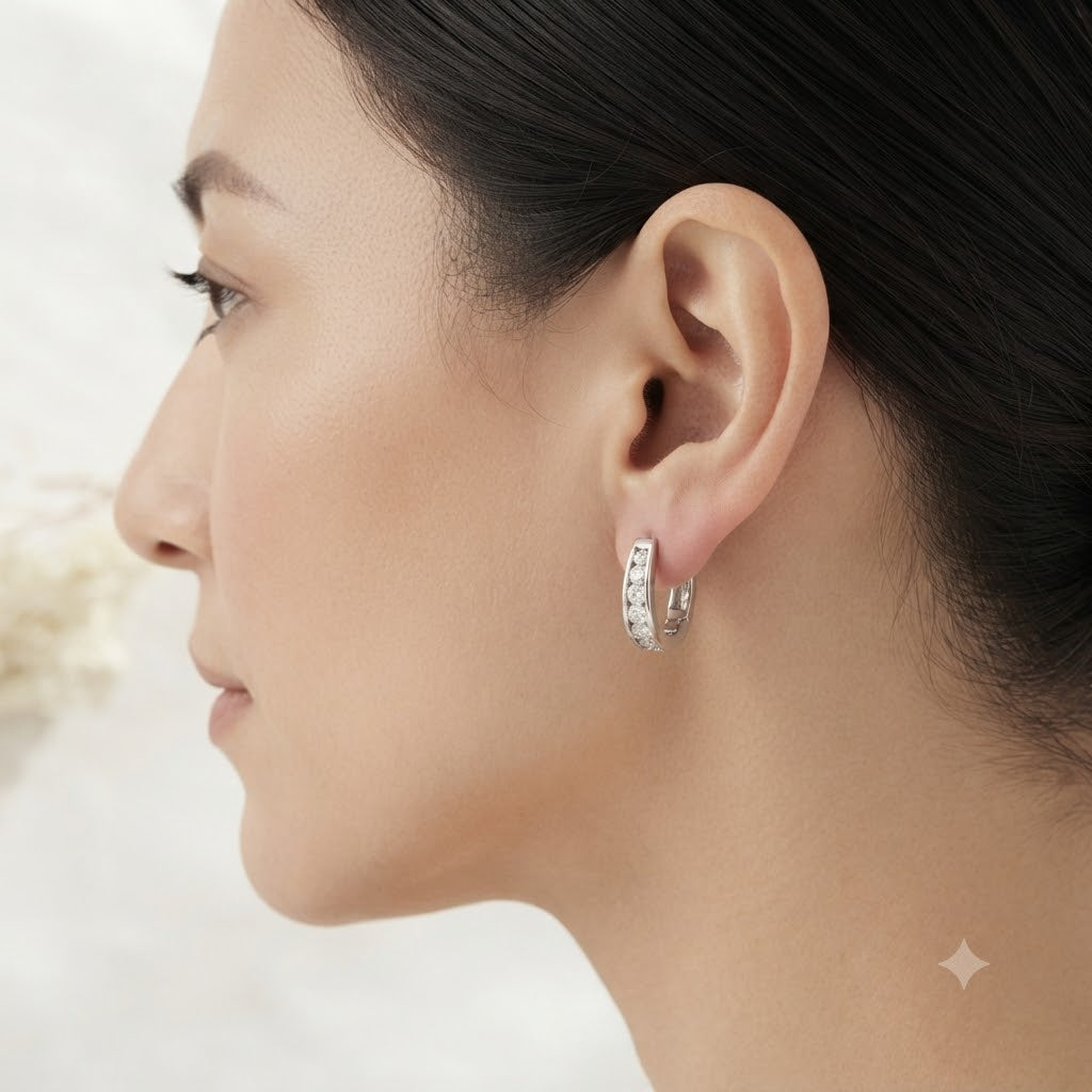 Lab Grown Diamond Channel Set Huggie Hoop Earrings in Sterling Silver | 1.18 CT