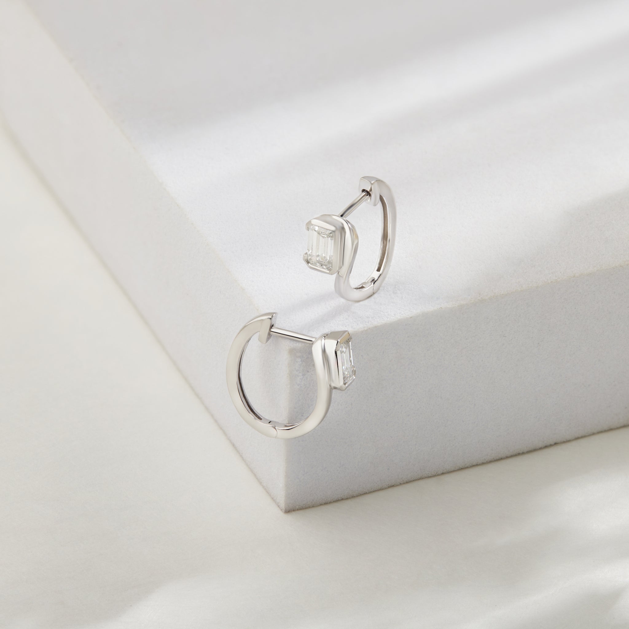 Lab Grown Diamond Emerald Cut Bezel Set Huggie Hoop Earrings in Sterling Silver | 1.00 CT